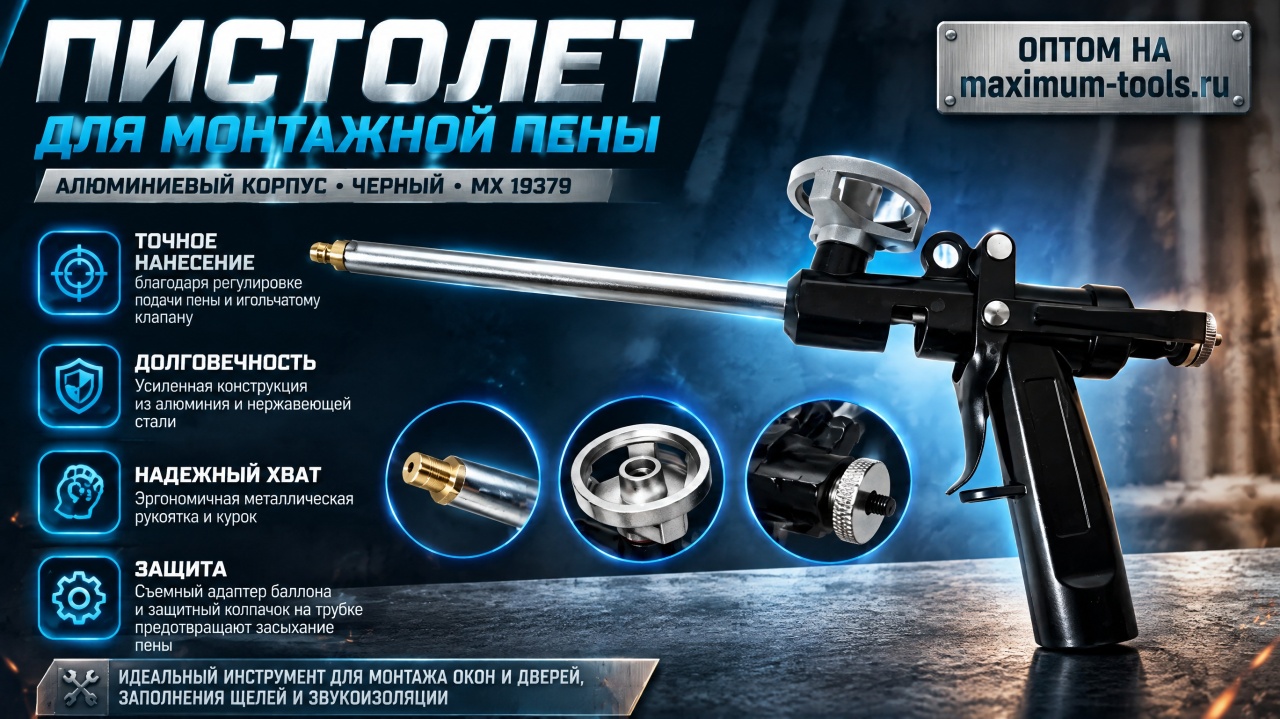 пистолет для монтажной пены, алюминиевый корпус foam gun,чёрный оптом